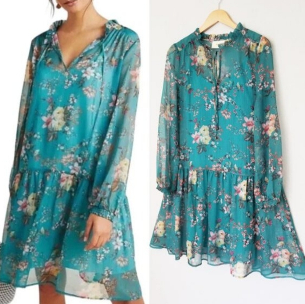 Maeve By Anthropologie Emmy Teal Green Floral Printed Tie Neck Tunic Dress-Small